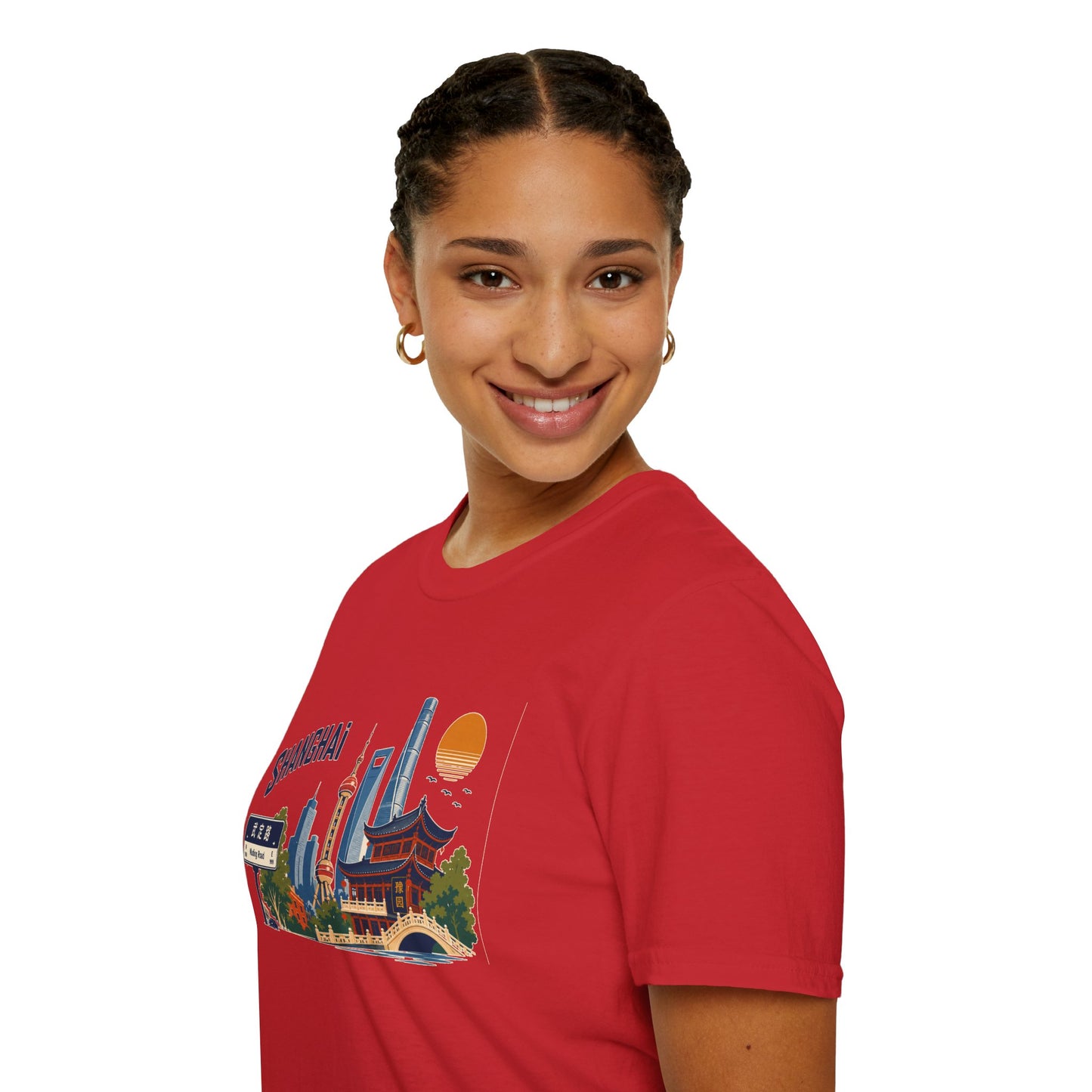 Shanghai Skyline T-Shirt — Vintage Cityscape Tee with Oriental Temple & Pudong Landmarks
