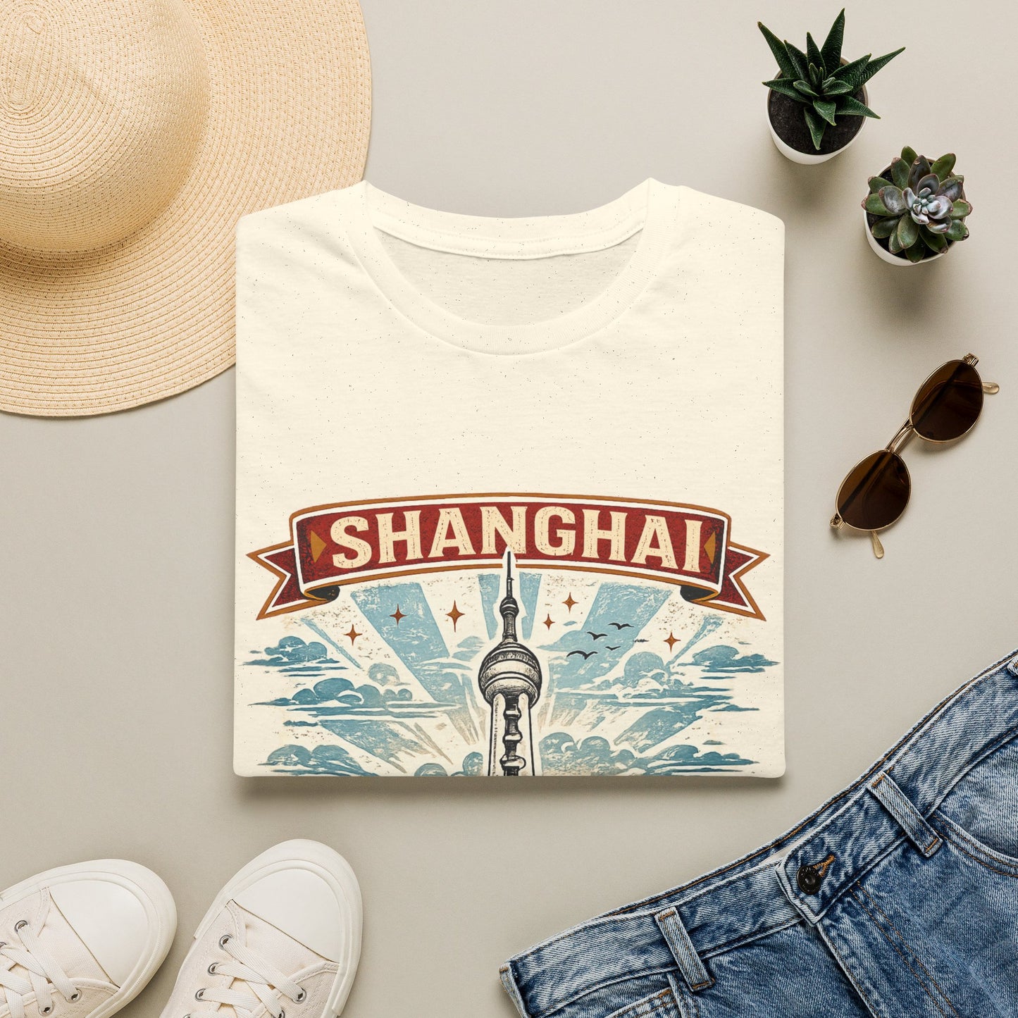 Shanghai Skyline T-Shirt — Retro Oriental Pearl Tower Travel Tee