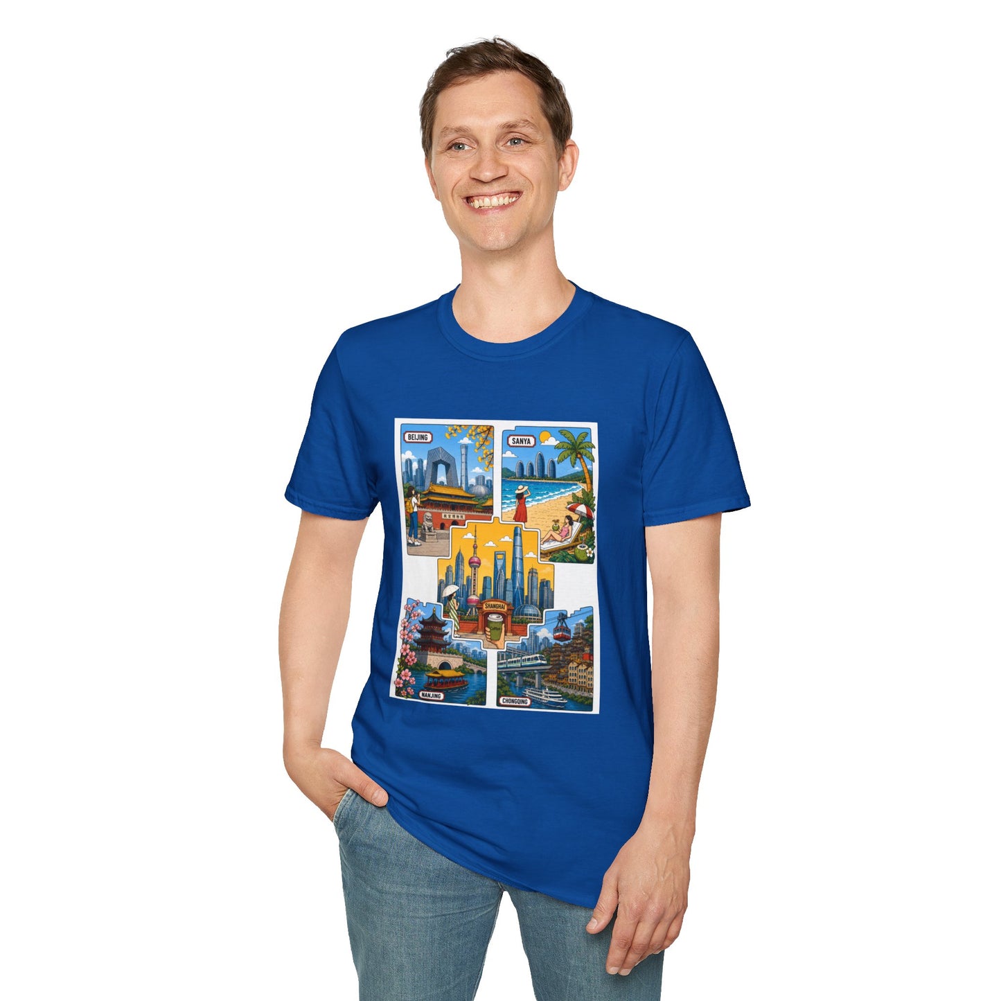 Cityscape Postcard T-Shirt — Retro Travel Collage (Beijing, Santa, Coastal Scenes)