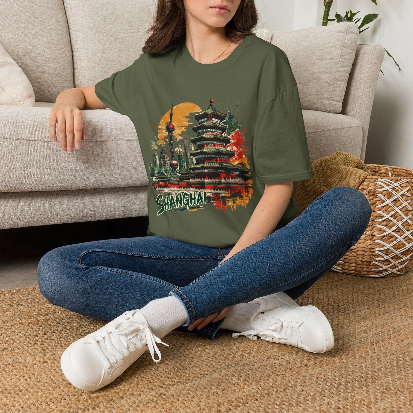 Shanghai Skyline T-Shirt — Watercolor Pagoda & Oriental Sunset Graphic