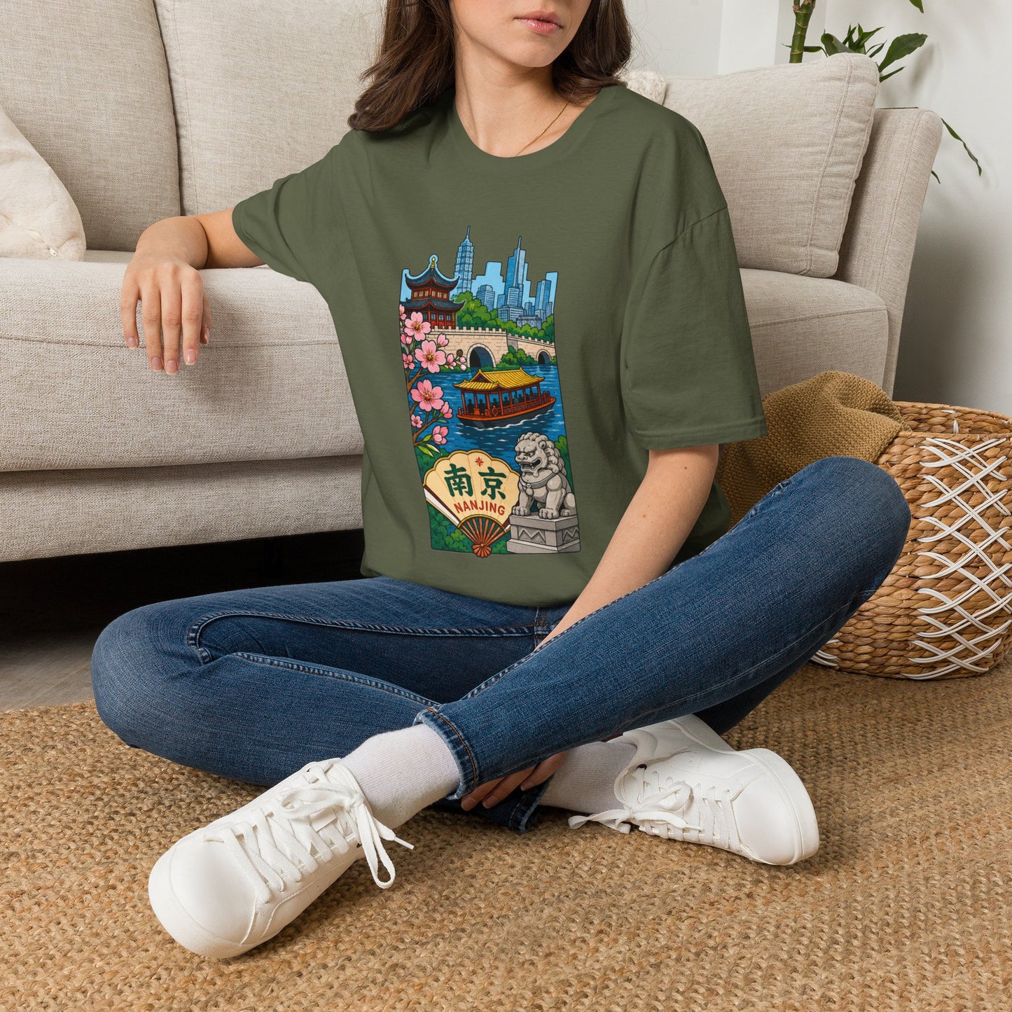 Nanjing Cityscape T-Shirt — Cherry Blossoms, Pagoda & Skyline Travel Shirt