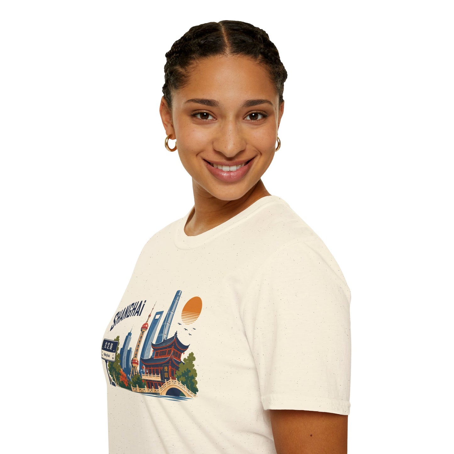 Shanghai Skyline T-Shirt — Vintage Cityscape Tee with Oriental Temple & Pudong Landmarks