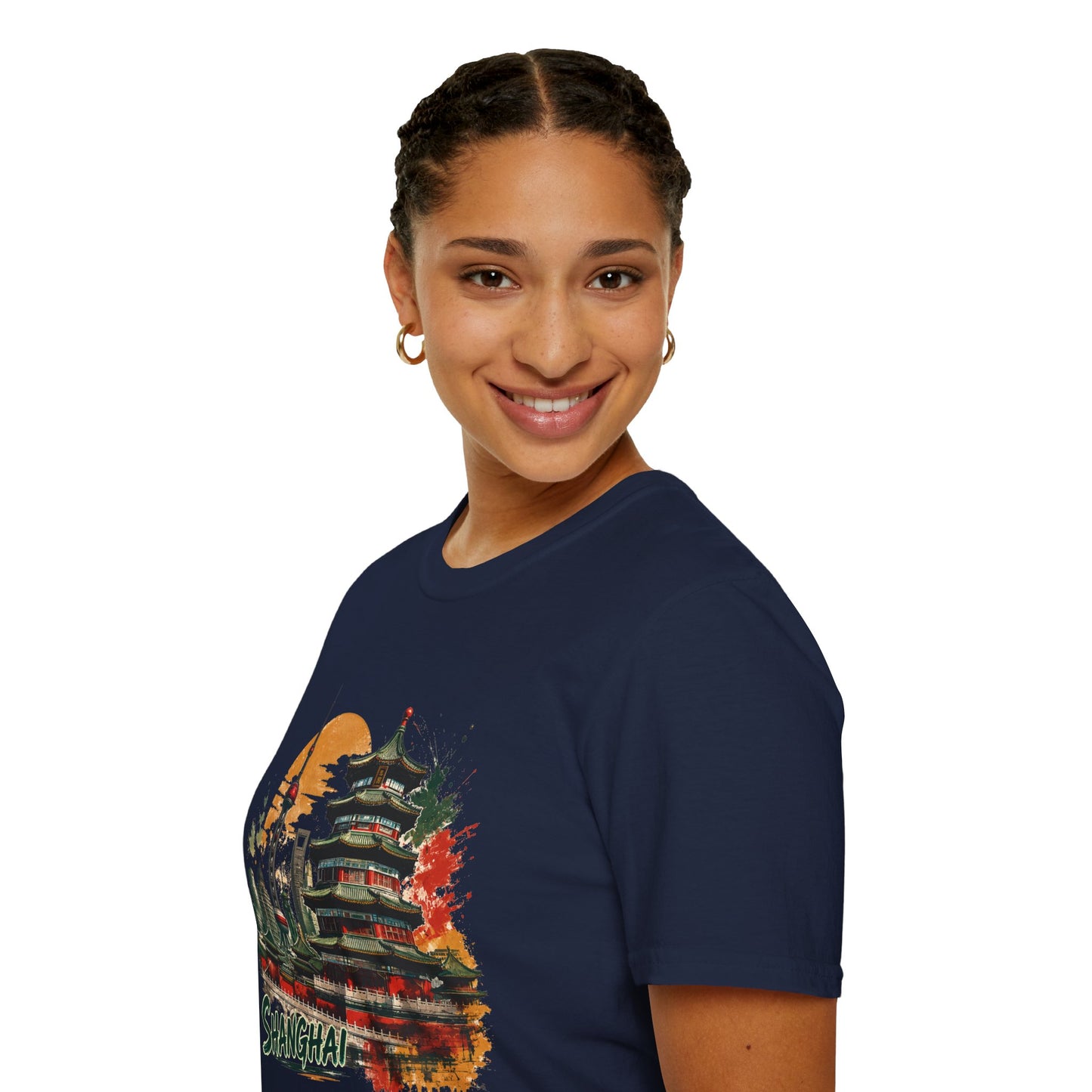 Shanghai Skyline T-Shirt — Watercolor Pagoda & Oriental Sunset Graphic