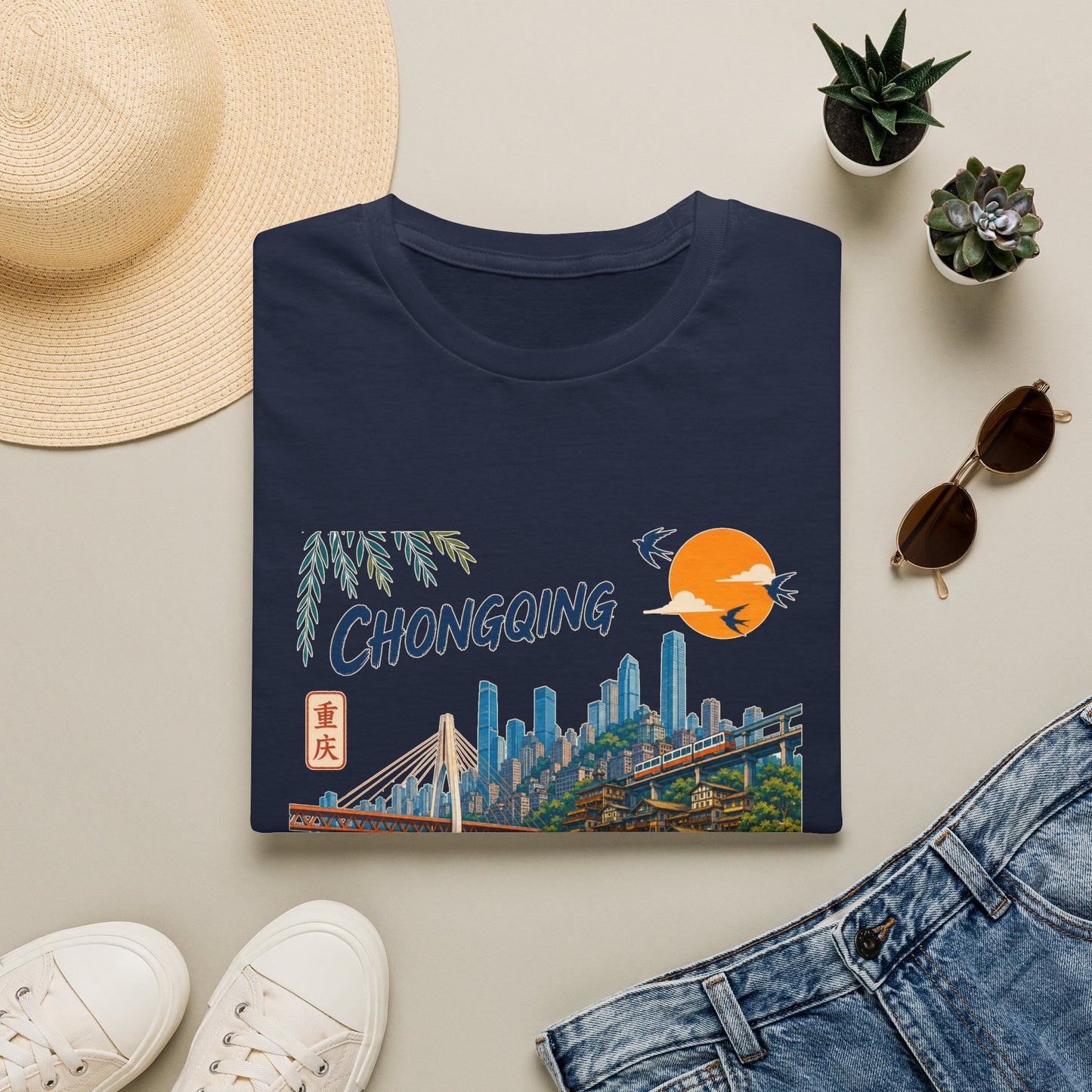 Chongqing Cityscape T-Shirt — Retro Sunset Asian Travel Tee