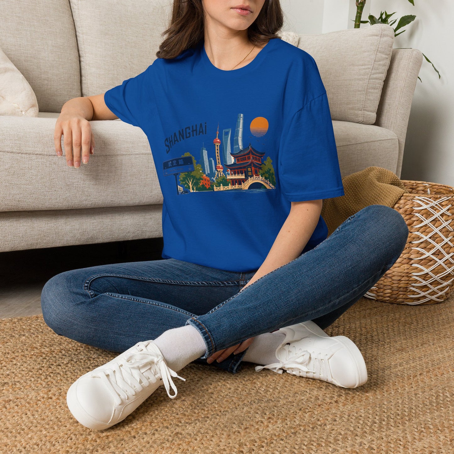 Shanghai Skyline T-Shirt — Retro Cityscape Tee with Oriental Pagoda & Street Sign