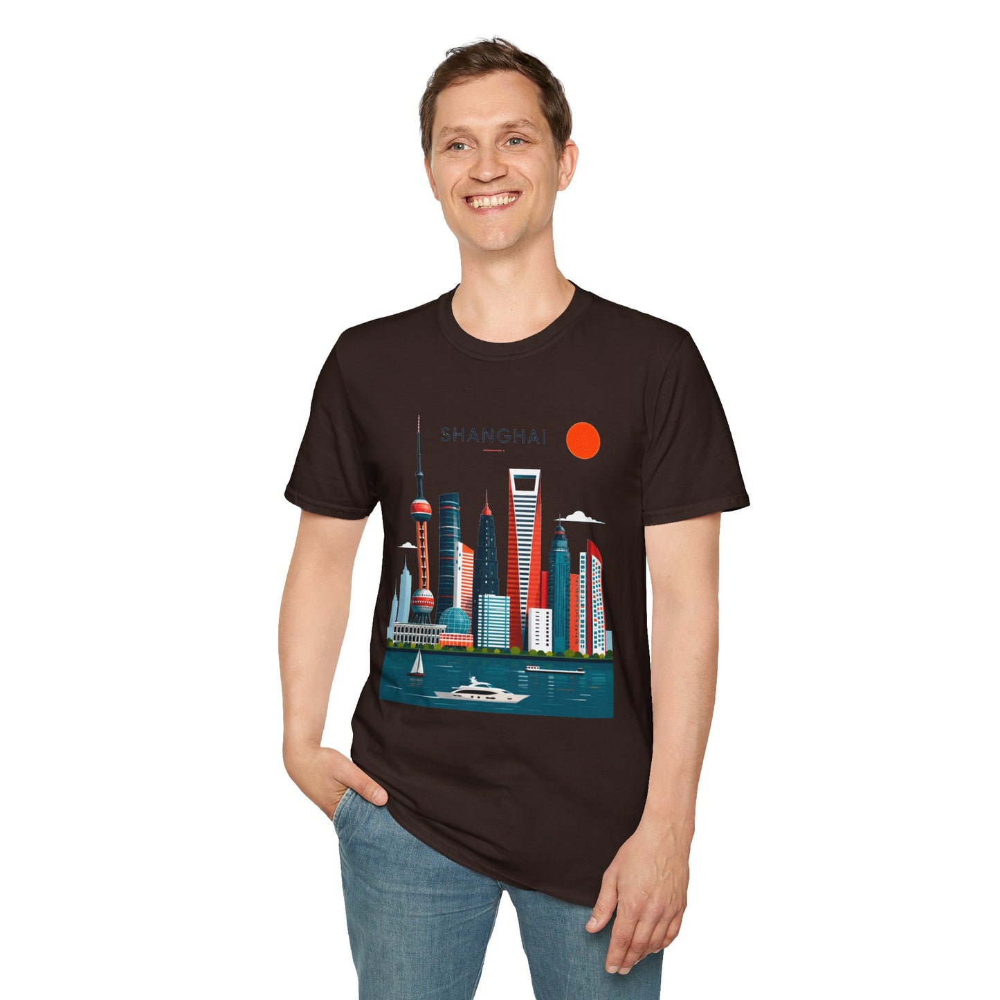 Shanghai Skyline T‑Shirt — Retro Red Sun Cityscape Tee