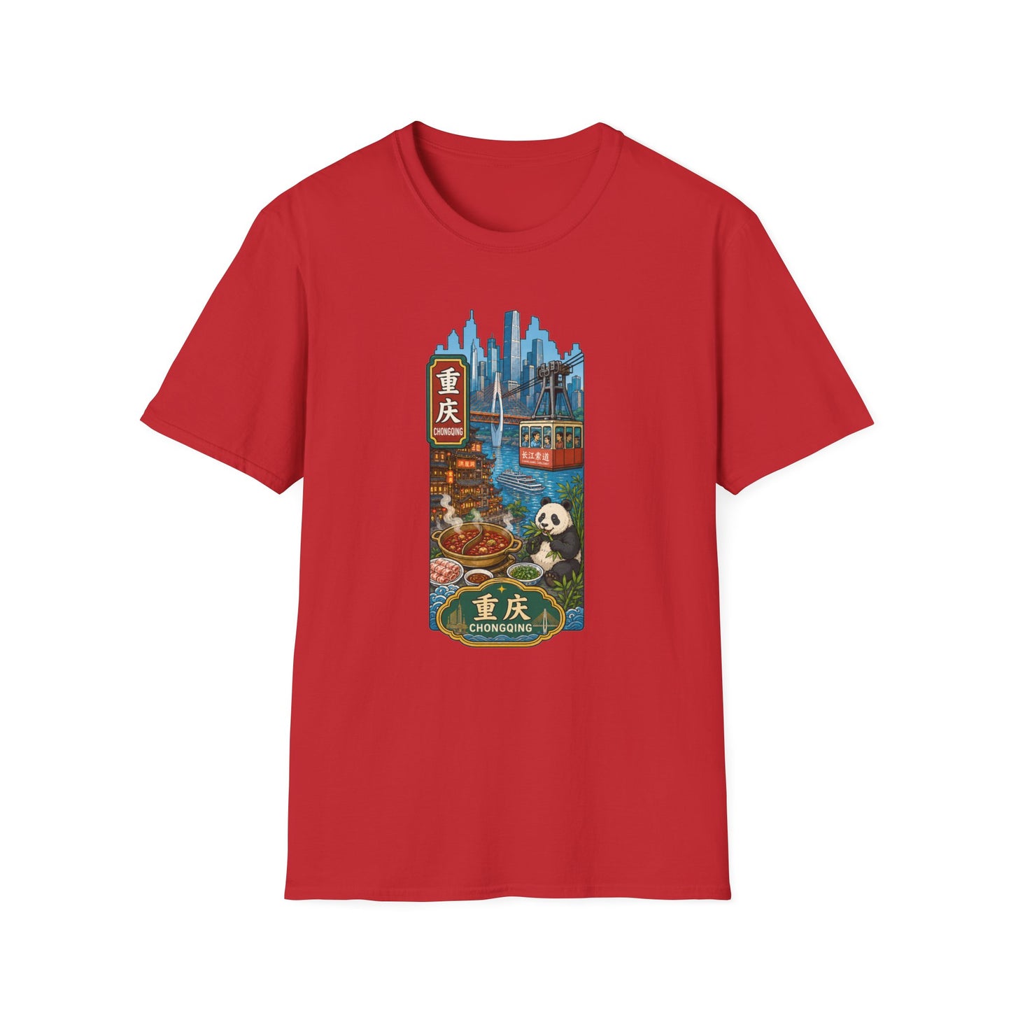 Chongqing Cityscape T-Shirt — Cable Car, Skyline & Night Market Illustration