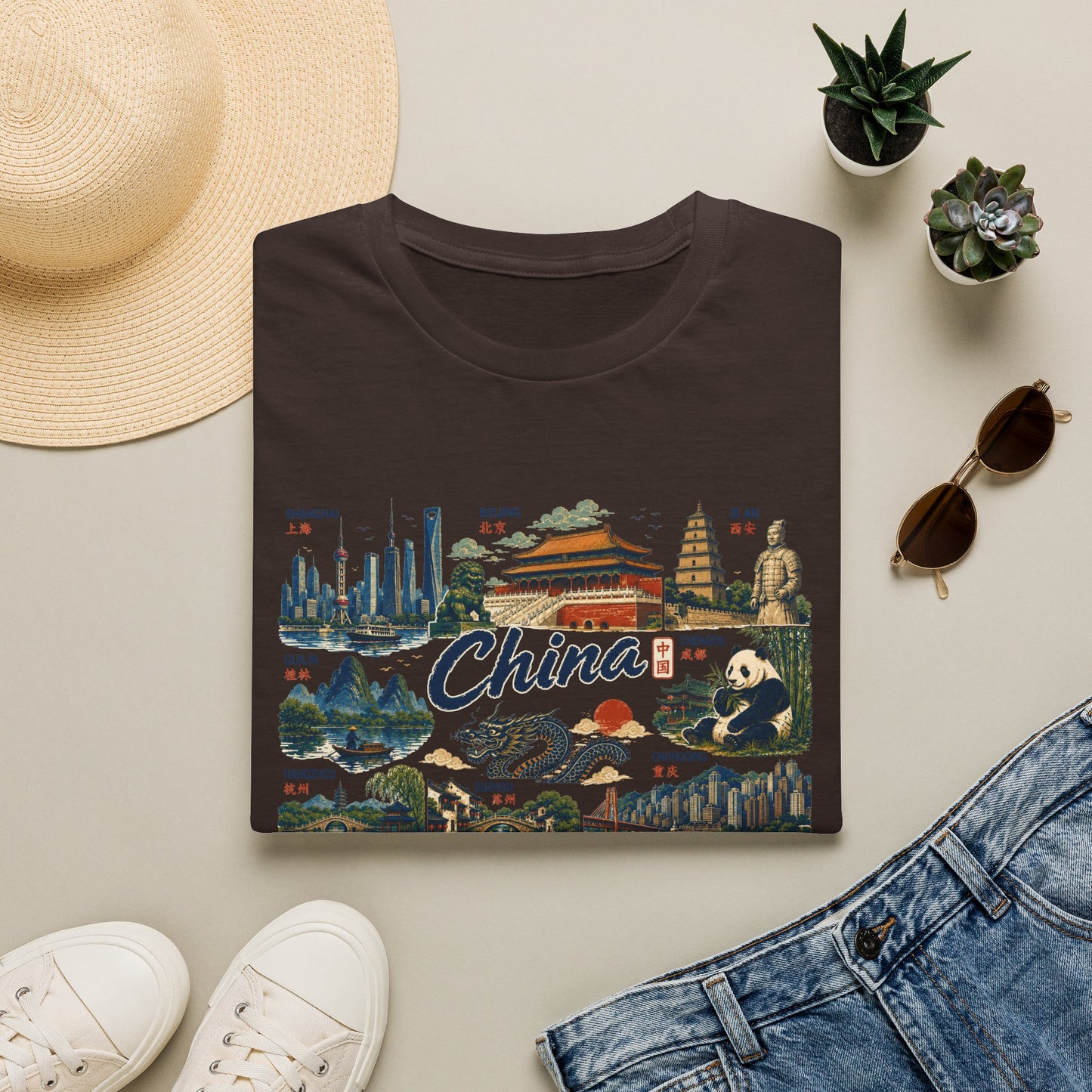 China Landmarks T-Shirt — Panda, Great Wall & Skyline Travel Tee