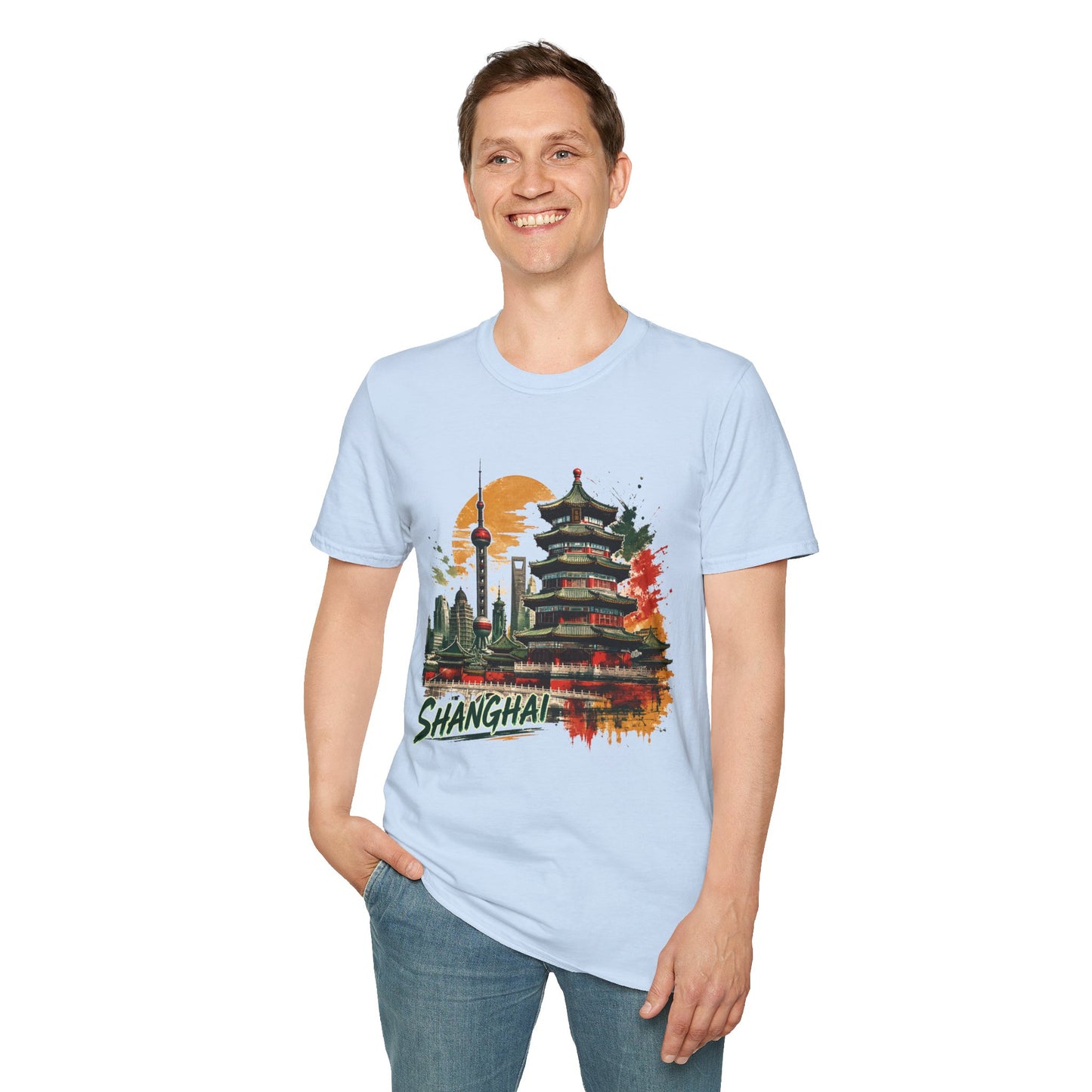 Shanghai Skyline T-Shirt — Watercolor Pagoda & Oriental Sunset Graphic