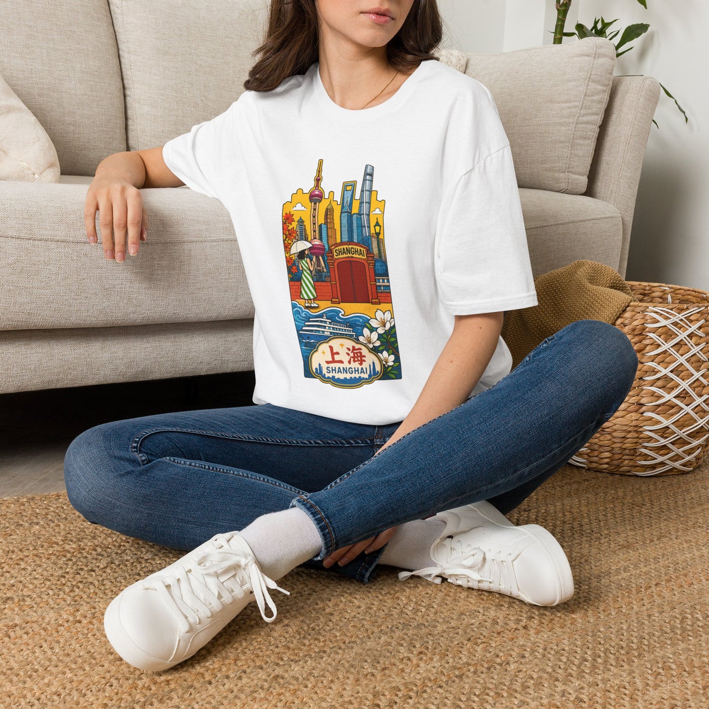 Shanghai Skyline T-Shirt — Vintage Cityscape with Chinese Characters