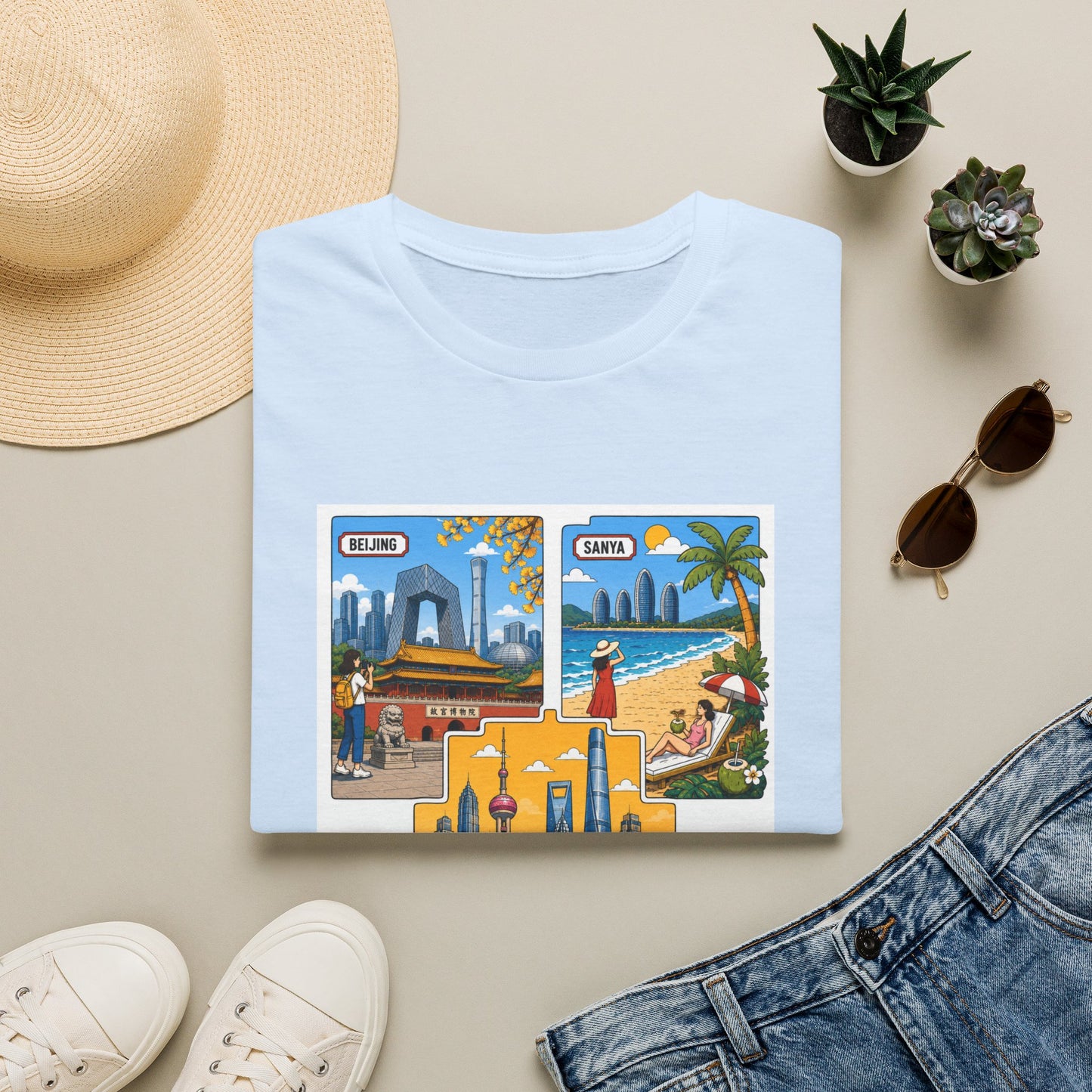 Cityscape Postcard T-Shirt — Retro Travel Collage (Beijing, Santa, Coastal Scenes)