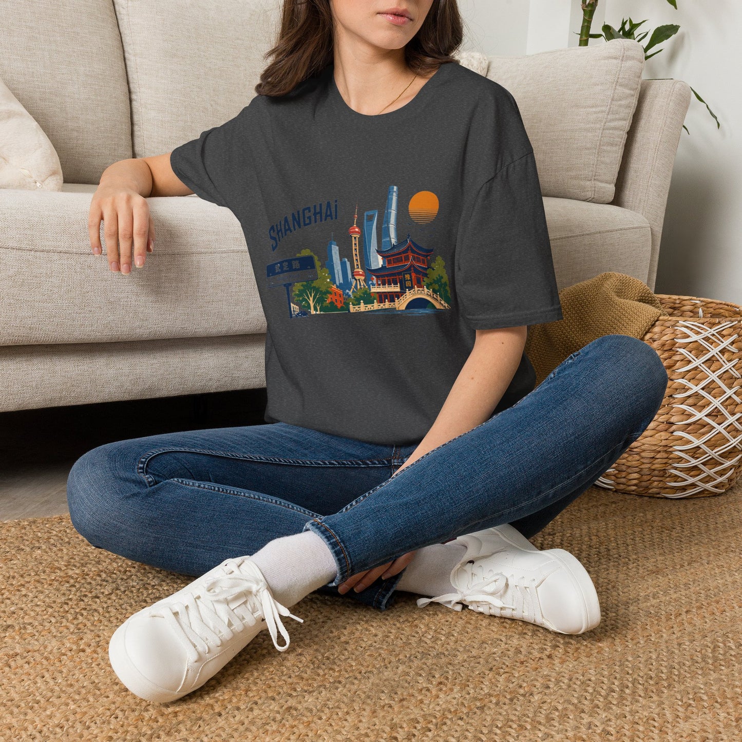 Shanghai Skyline T-Shirt — Retro Cityscape Tee with Oriental Pagoda & Street Sign