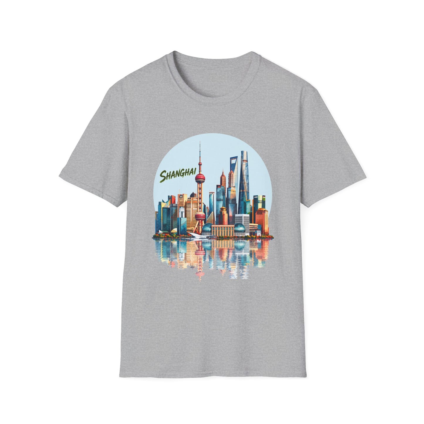 Shanghai Skyline T-Shirt — Retro Cityscape Tee with Reflection