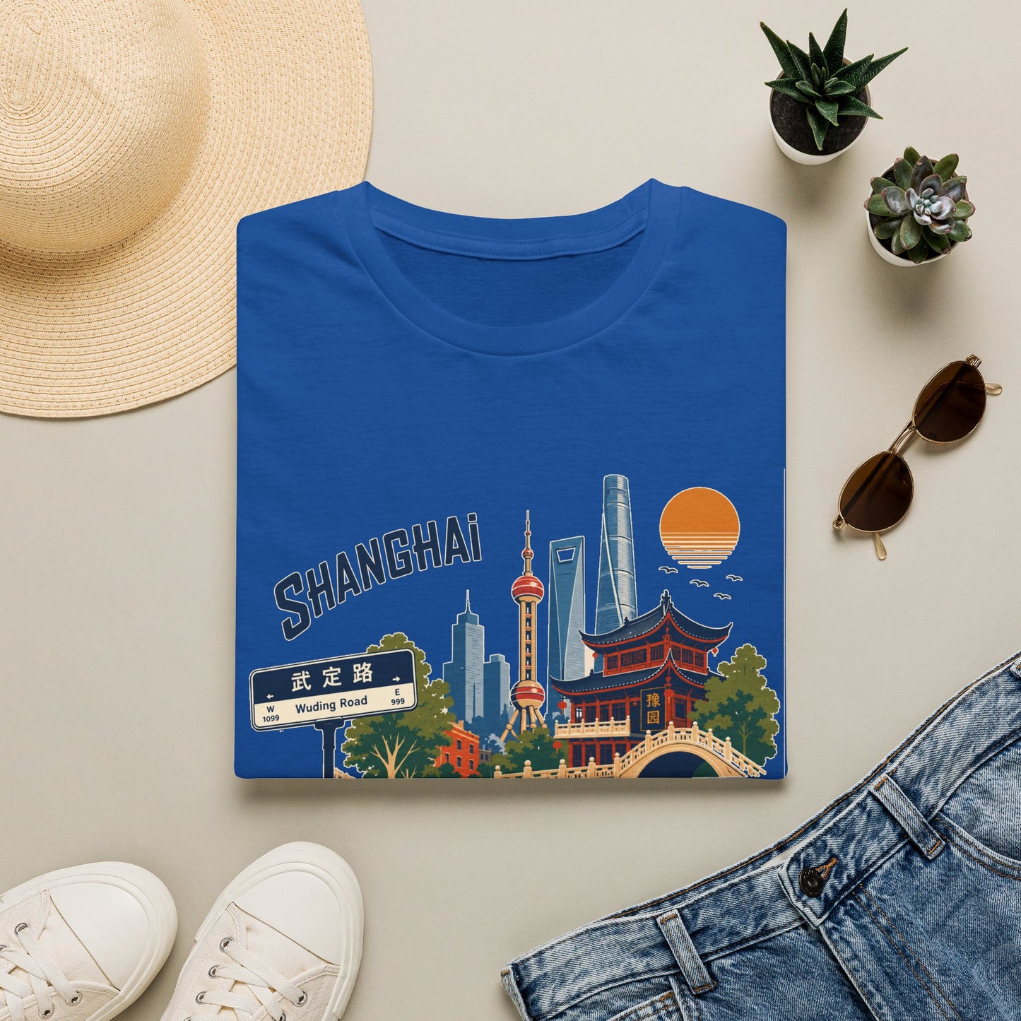 Shanghai Skyline T-Shirt — Vintage Cityscape Tee with Oriental Temple & Pudong Landmarks
