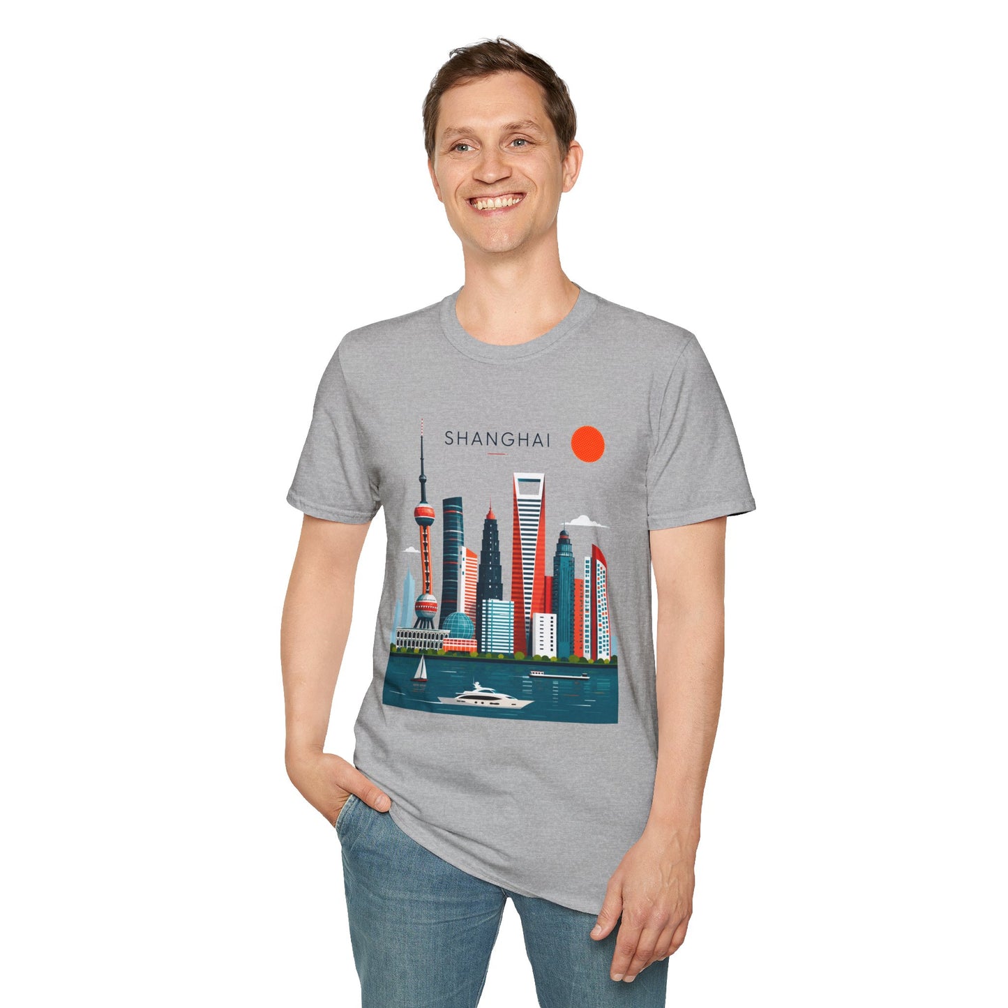 Shanghai Skyline T‑Shirt — Retro Red Sun Cityscape Tee