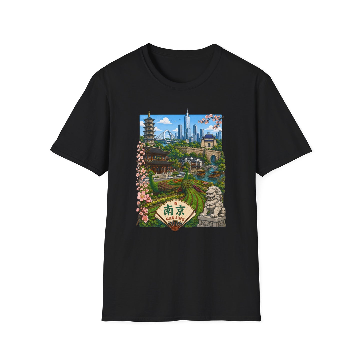 Nanjing Skyline T-Shirt — Scenic Cityscape with Pagoda & Cherry Blossoms
