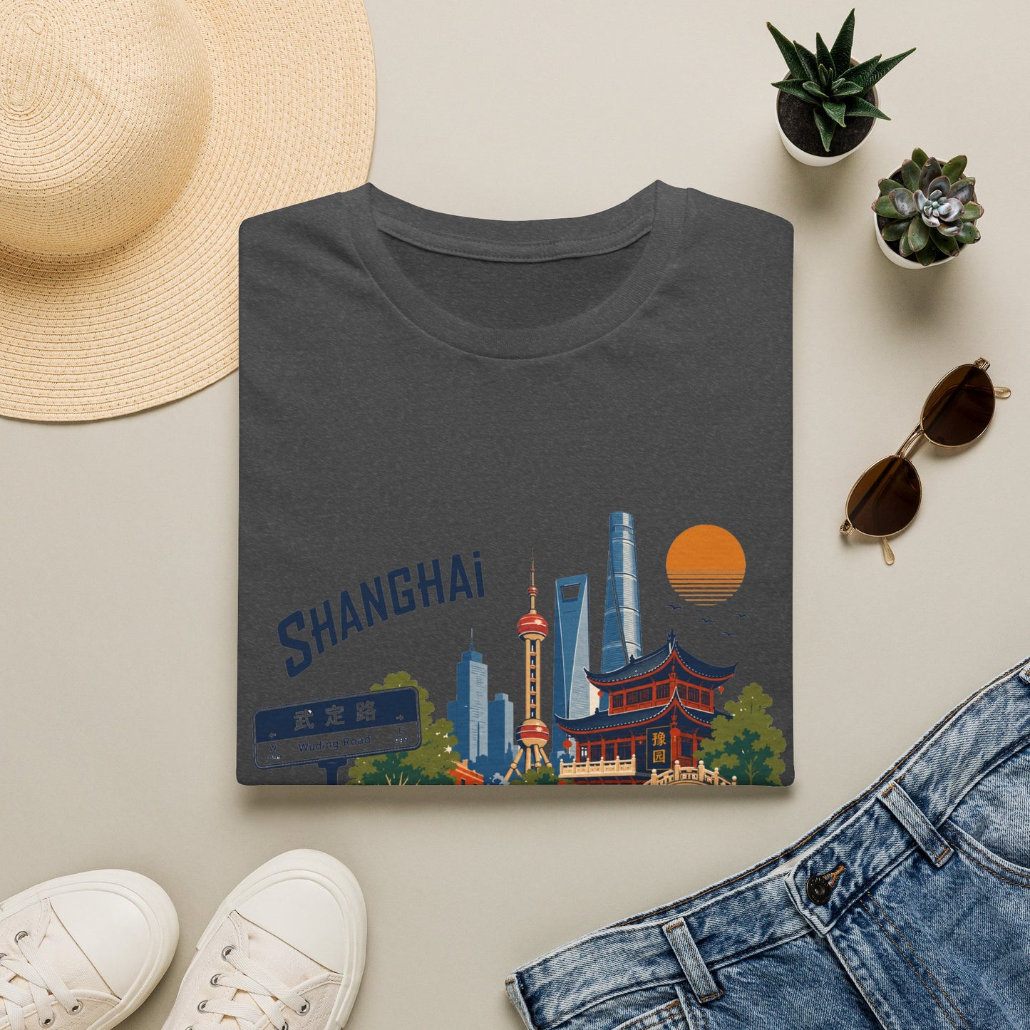 Shanghai Skyline T-Shirt — Retro Cityscape Tee with Oriental Pagoda & Street Sign