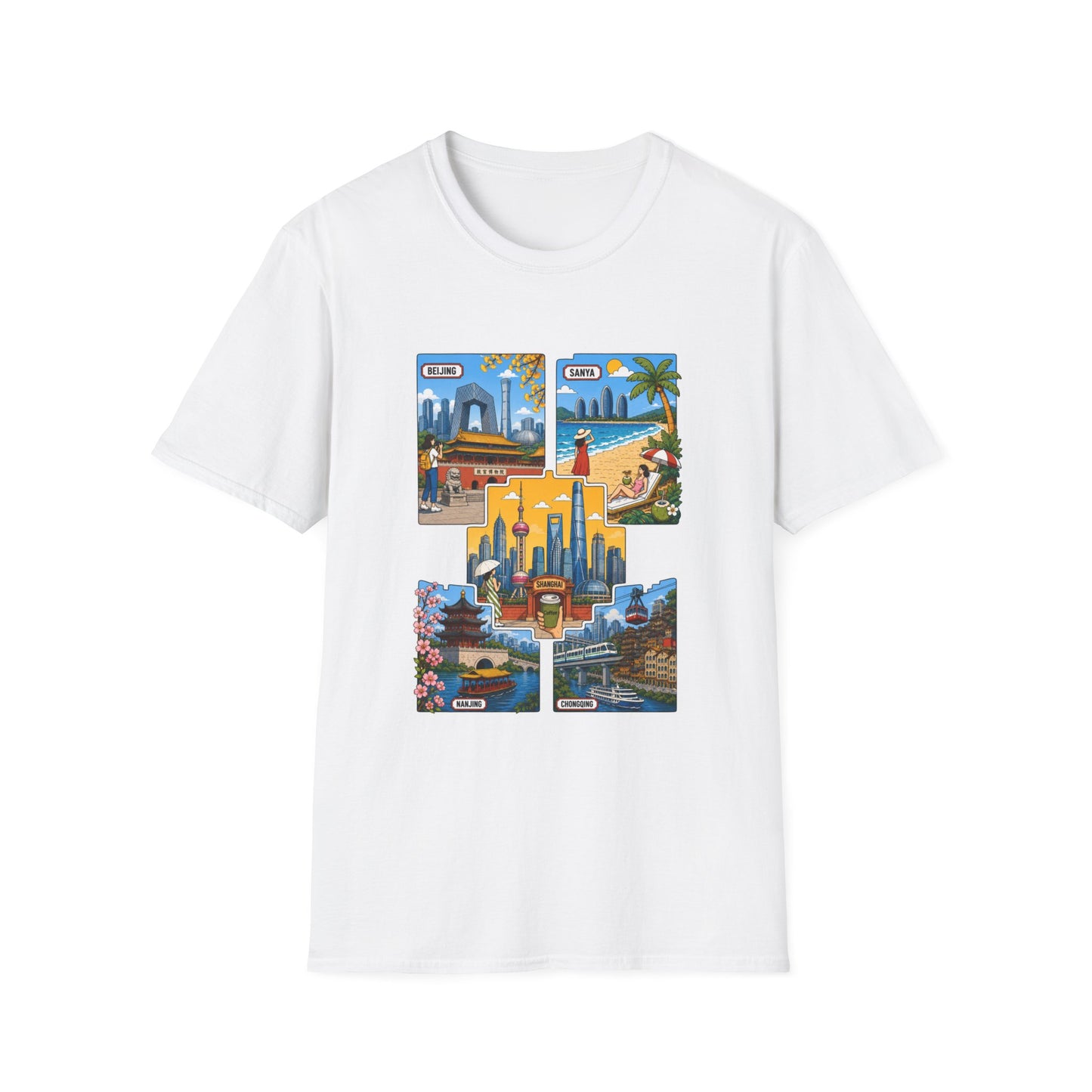 Cityscape Postcard T-Shirt — Retro Travel Collage (Beijing, Santa, Coastal Scenes)
