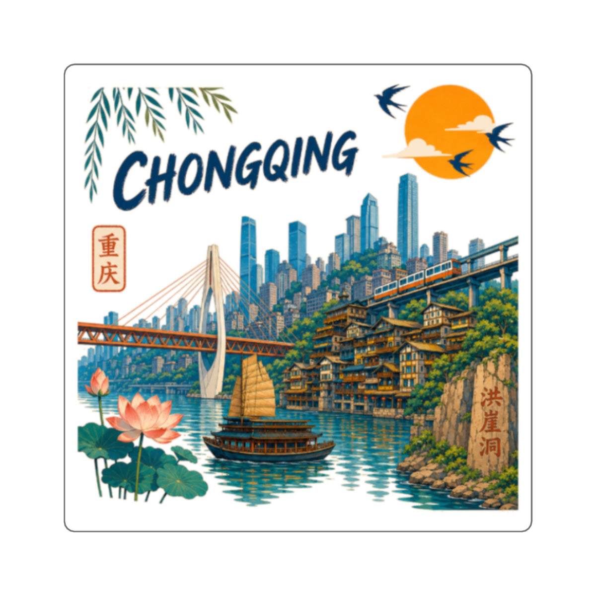 Chongqing Cityscape Square Sticker — Scenic Riverboat & Skyline Travel Decal
