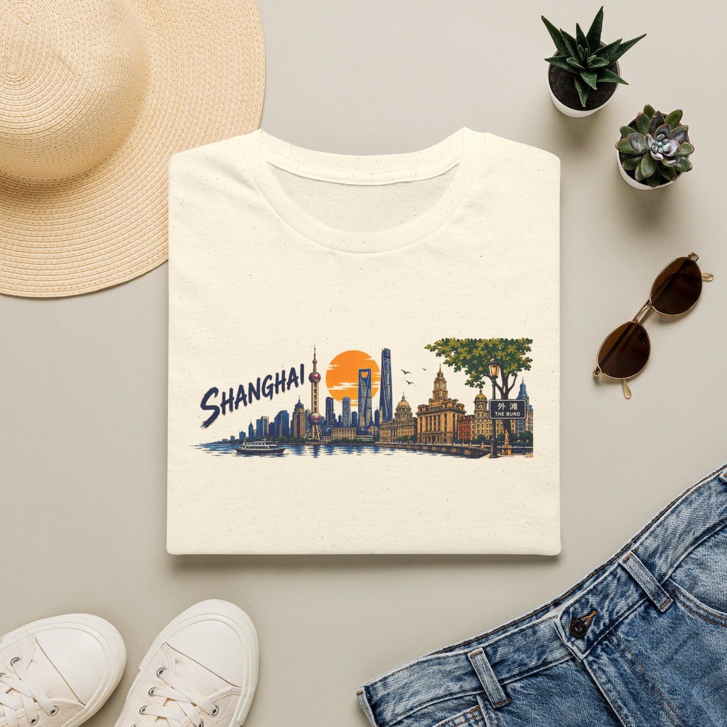 Shanghai Skyline T-Shirt — Vintage Cityscape Sunset Tee