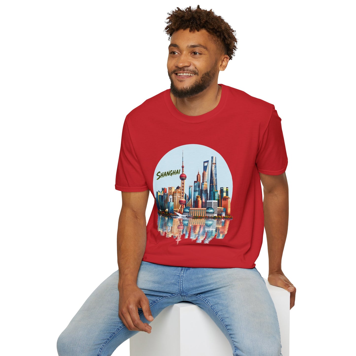 Shanghai Skyline T-Shirt — Retro Cityscape Tee with Reflection