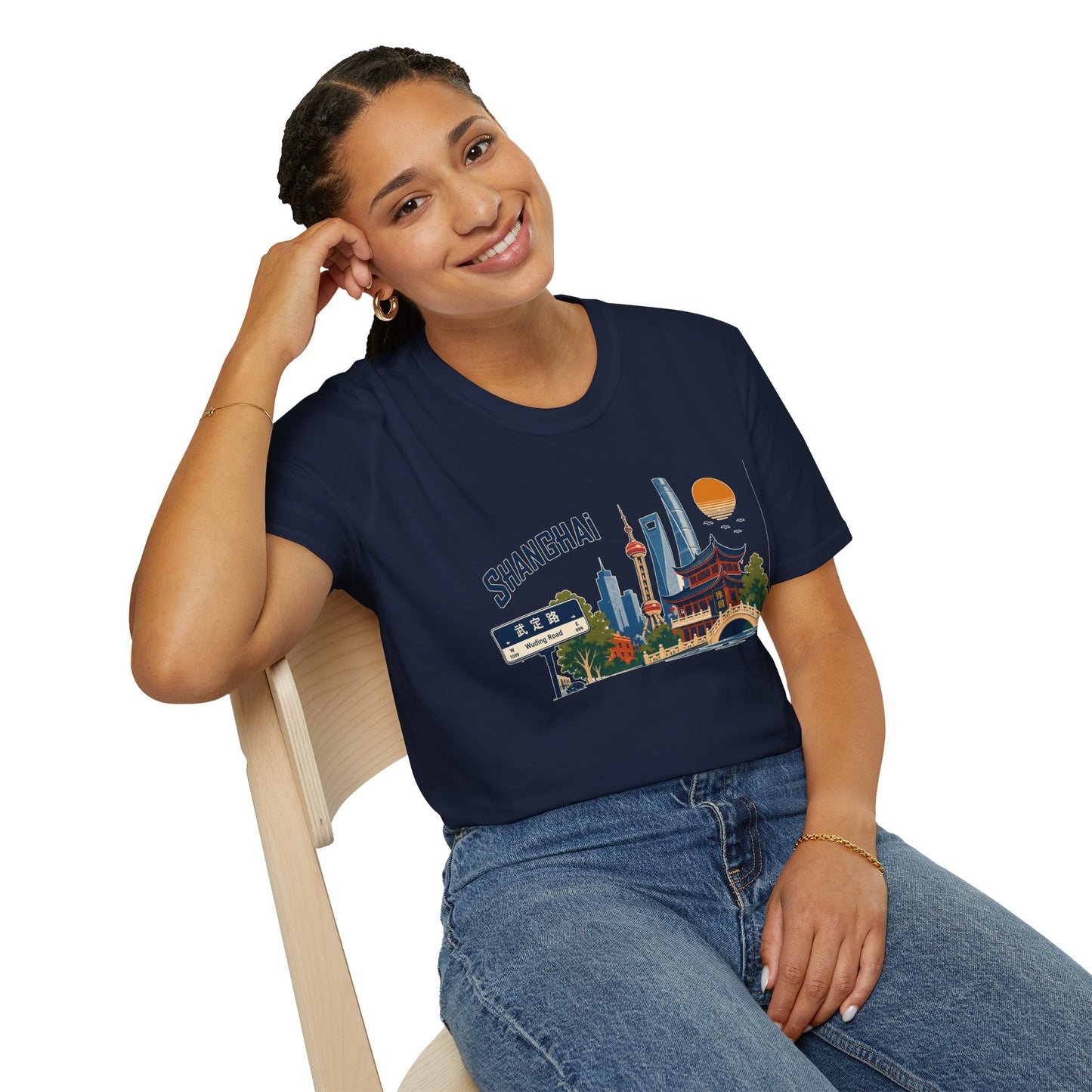 Shanghai Skyline T-Shirt — Vintage Cityscape Tee with Oriental Temple & Pudong Landmarks
