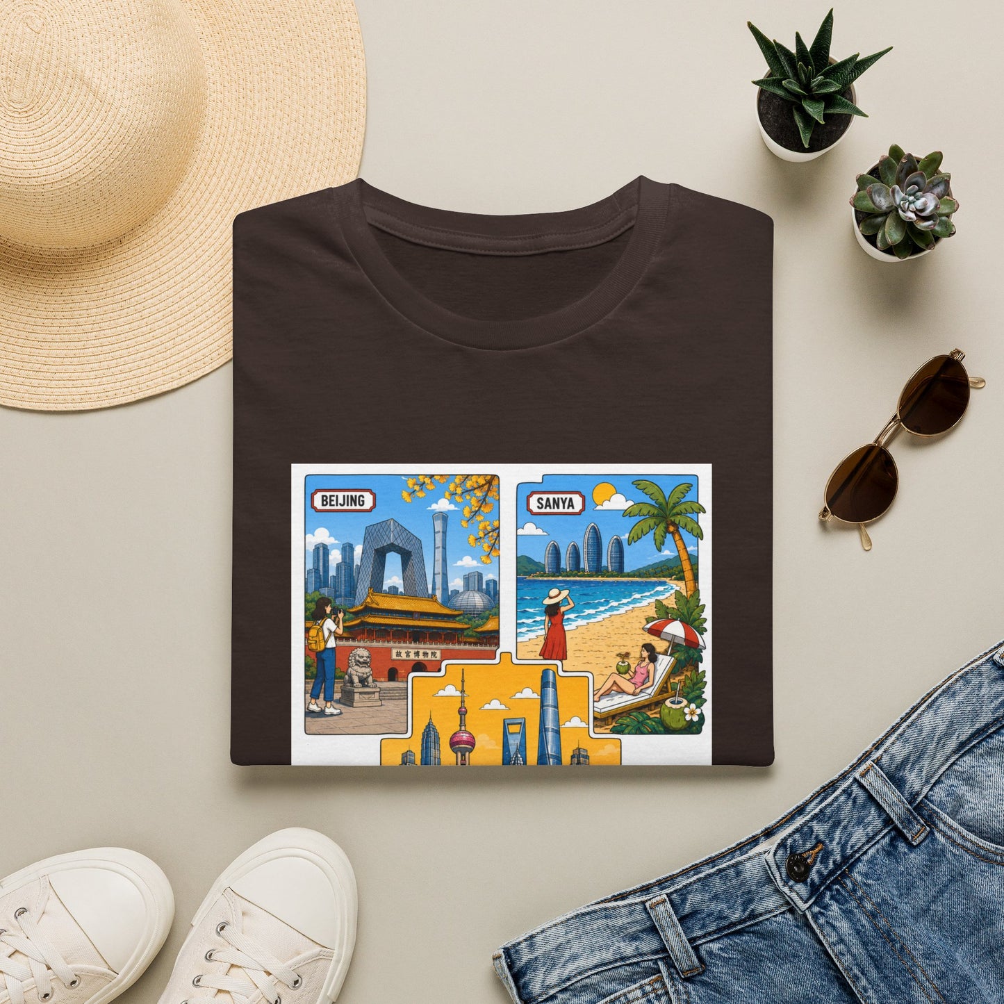 Cityscape Postcard T-Shirt — Retro Travel Collage (Beijing, Santa, Coastal Scenes)