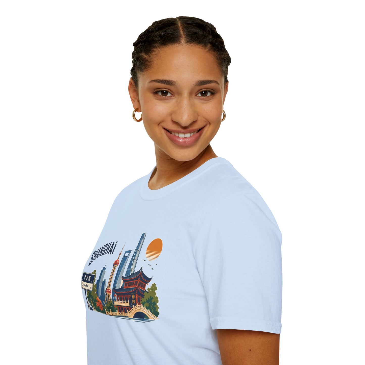 Shanghai Skyline T-Shirt — Vintage Cityscape Tee with Oriental Temple & Pudong Landmarks