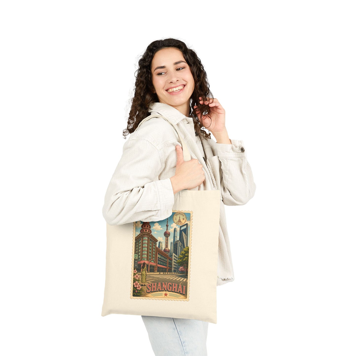 Shanghai Vintage Travel Tote — Cotton Canvas Cityscape Bag