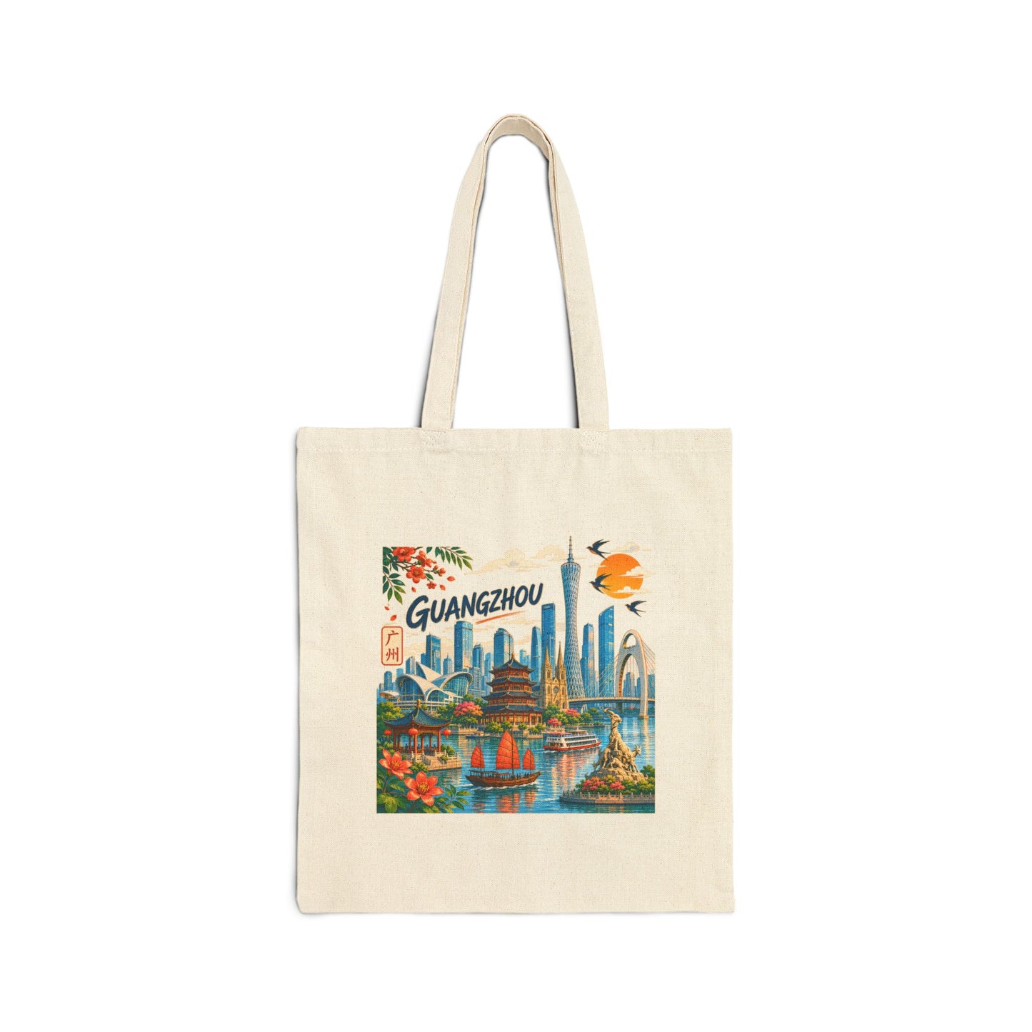 Guangzhou Cityscape Canvas Tote Bag — Vintage Travel Souvenir Bag