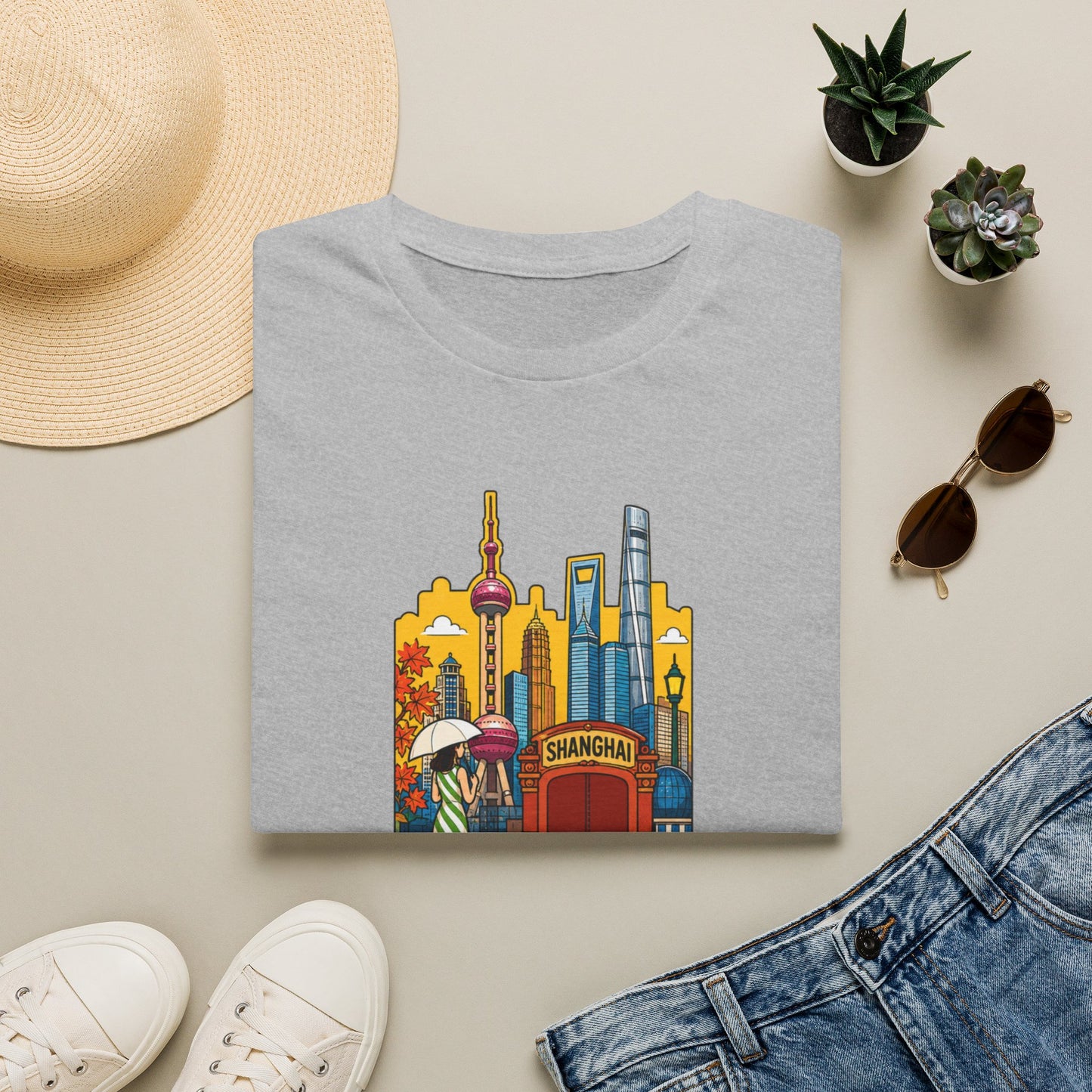 Shanghai Skyline T-Shirt — Vintage Cityscape with Chinese Characters