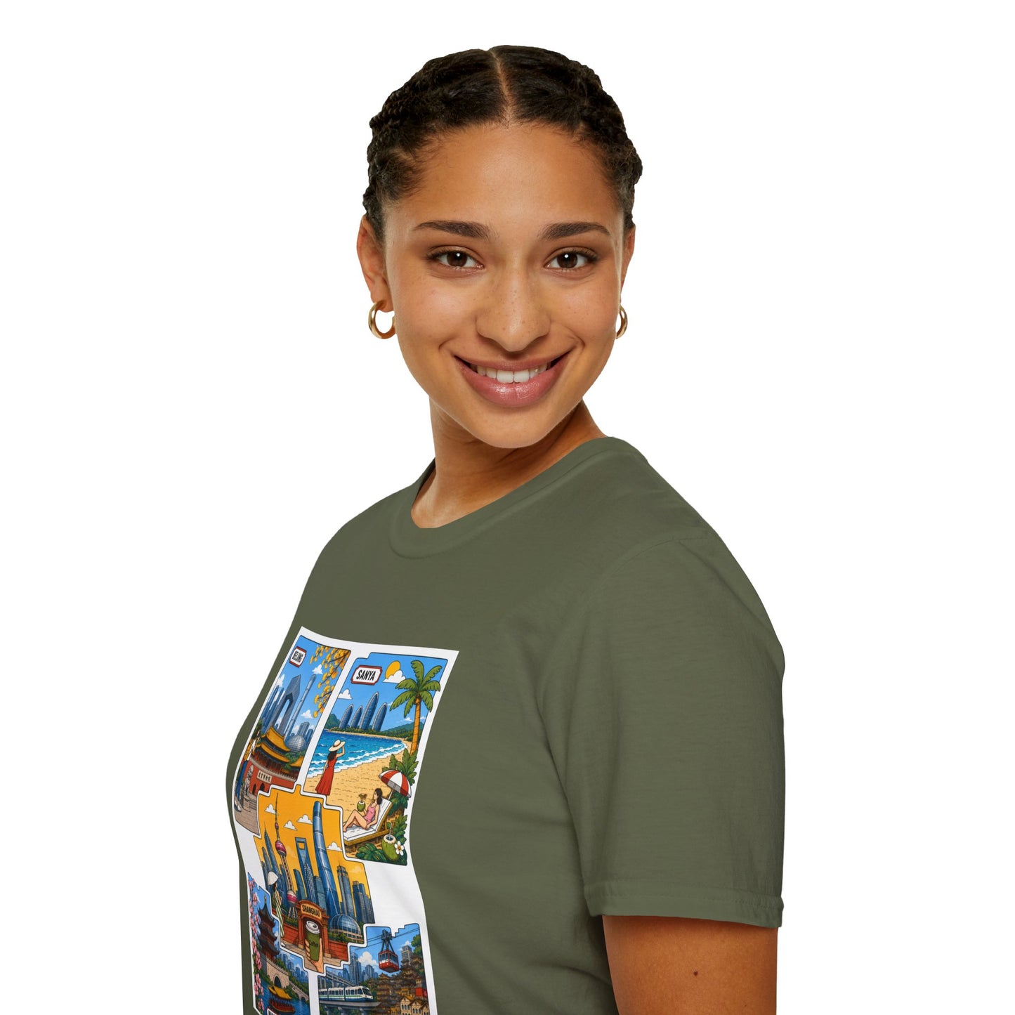 Cityscape Postcard T-Shirt — Retro Travel Collage (Beijing, Santa, Coastal Scenes)