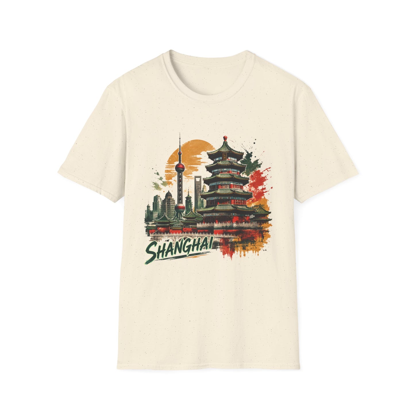 Shanghai Skyline T-Shirt — Watercolor Pagoda & Oriental Sunset Graphic