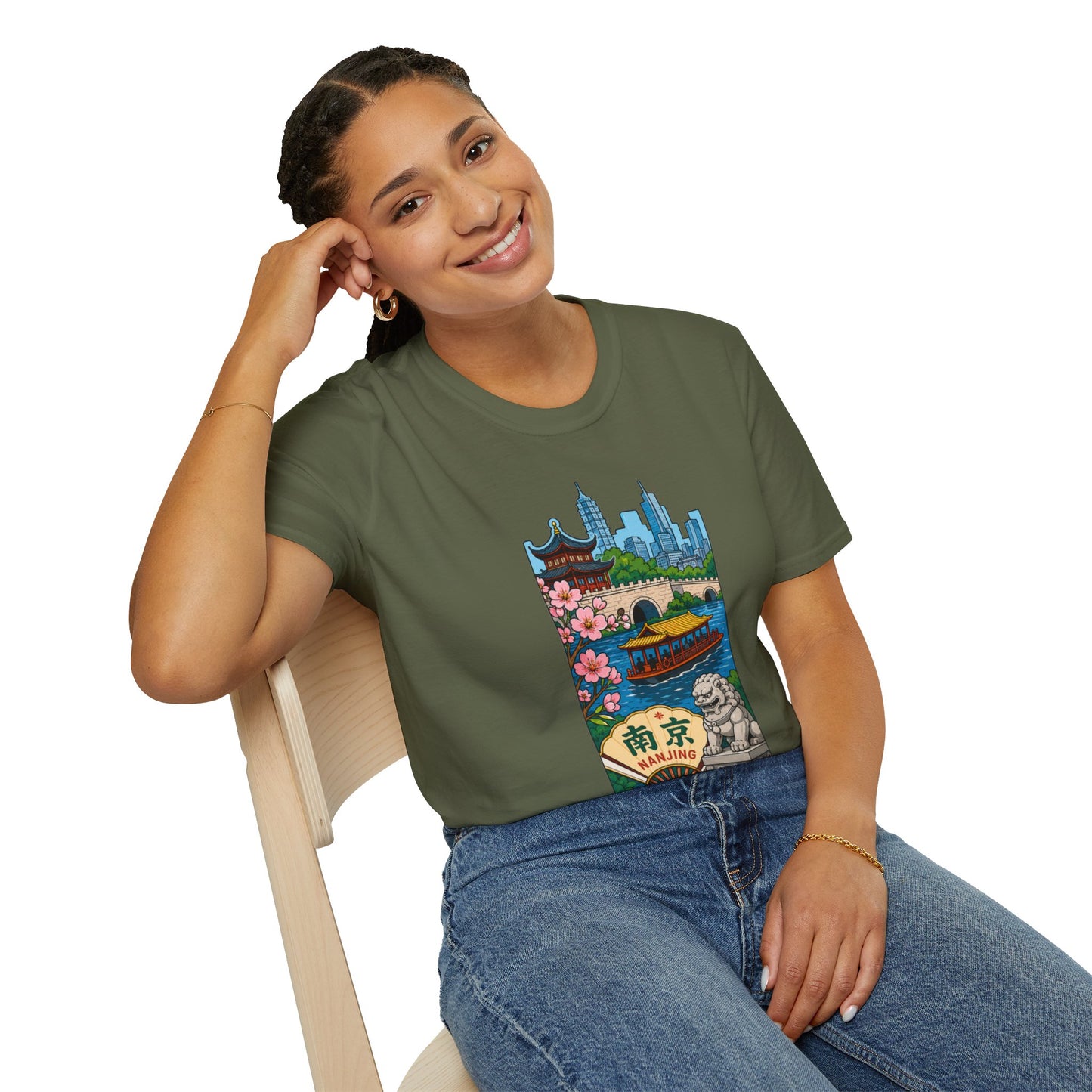 Nanjing Cityscape T-Shirt — Cherry Blossoms, Pagoda & Skyline Travel Shirt