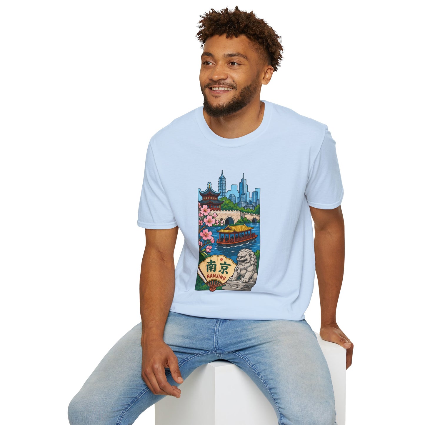 Nanjing Cityscape T-Shirt — Cherry Blossoms, Pagoda & Skyline Travel Shirt