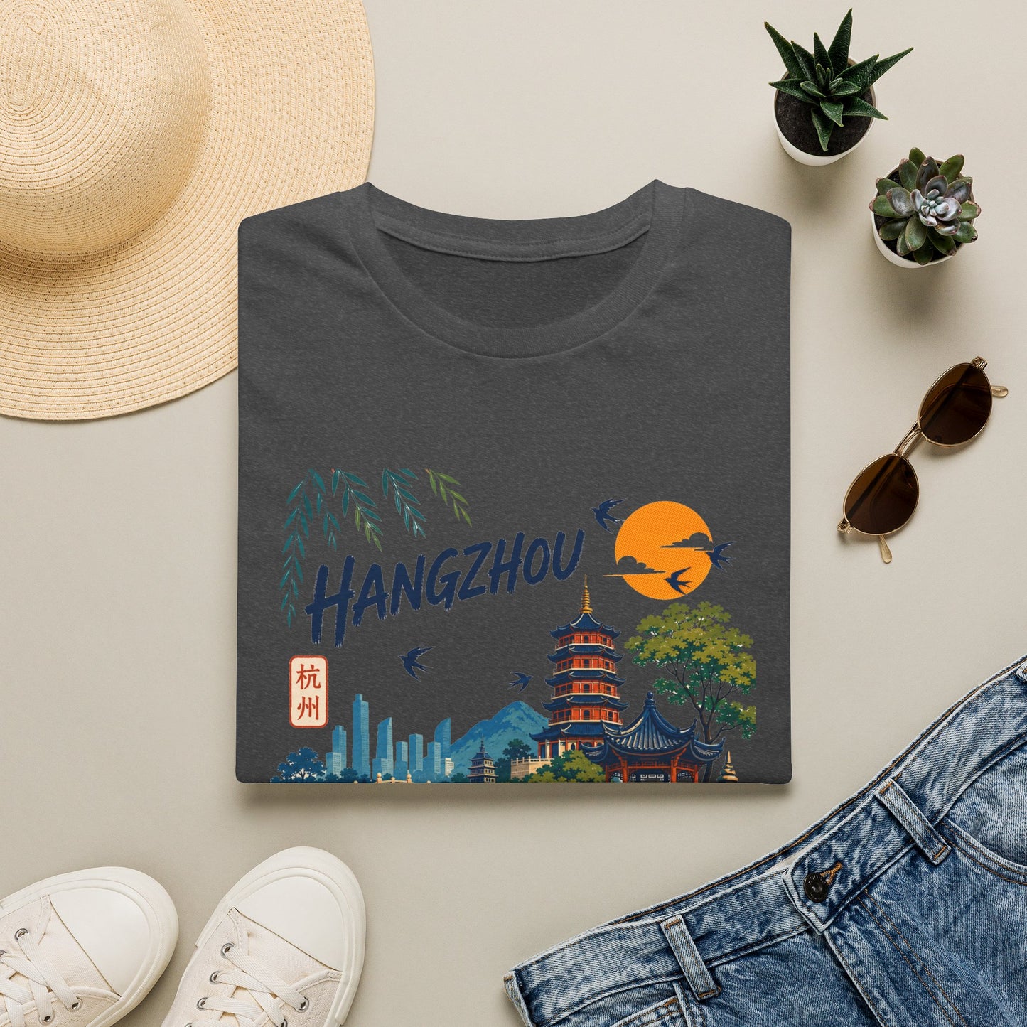 Hangzhou Travel Tee — Scenic Pagoda, Skyline & Sunset Graphic T-Shirt