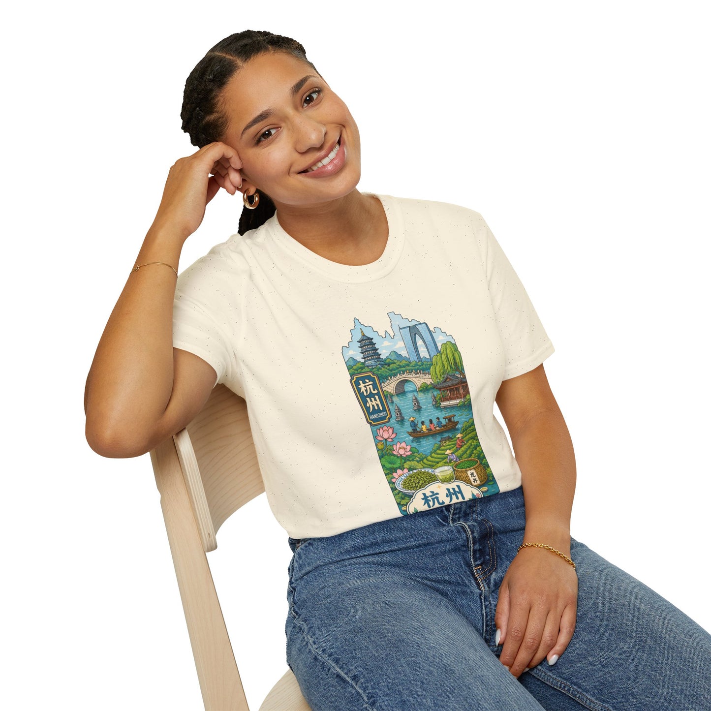 Hangzhou Scenic T-Shirt — West Lake Pagoda & Bridge Illustration