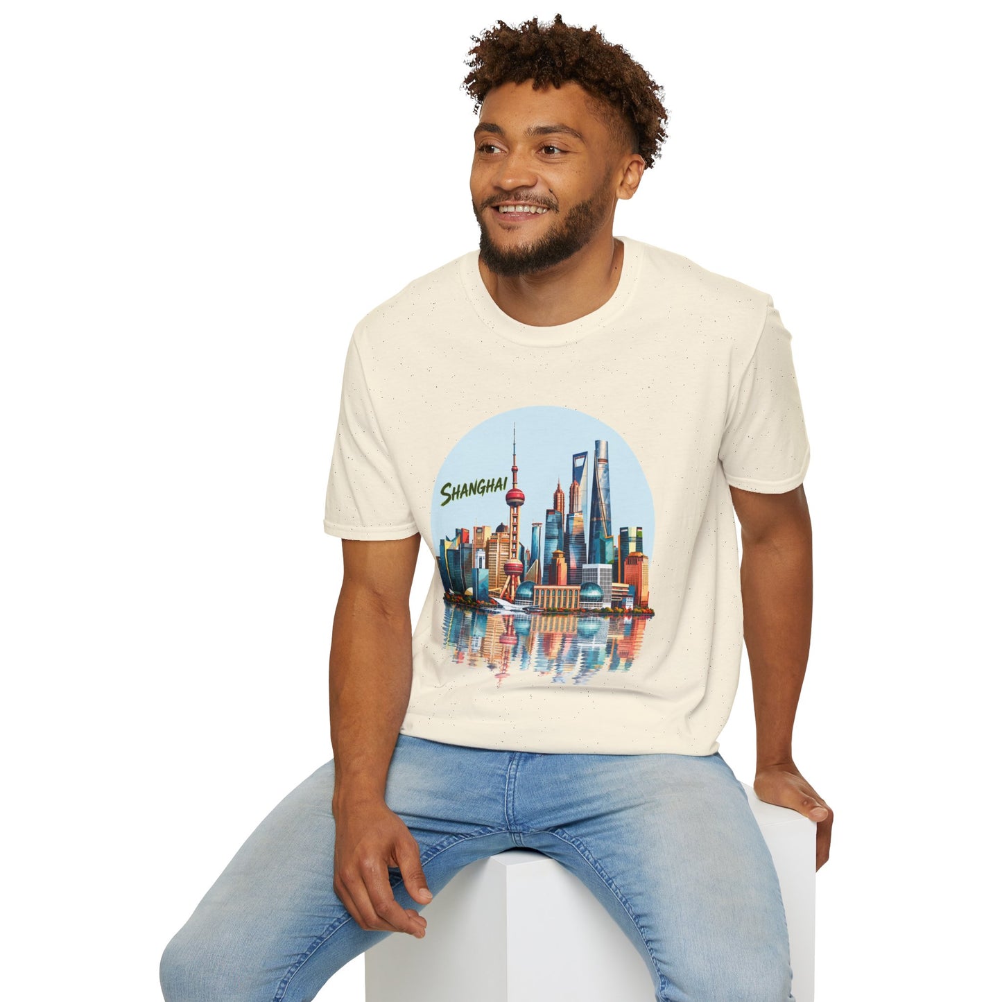 Shanghai Skyline T-Shirt — Retro Cityscape Tee with Reflection