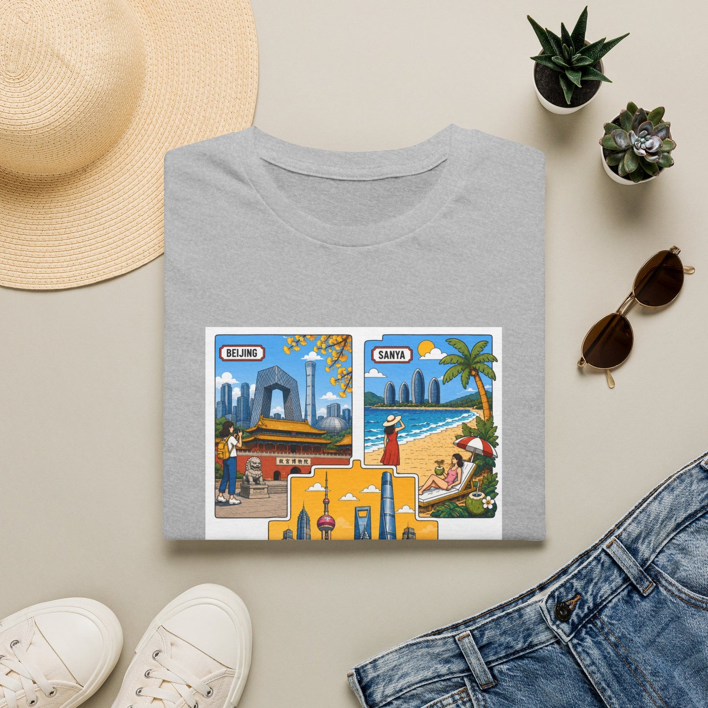Cityscape Postcard T-Shirt — Retro Travel Collage (Beijing, Santa, Coastal Scenes)